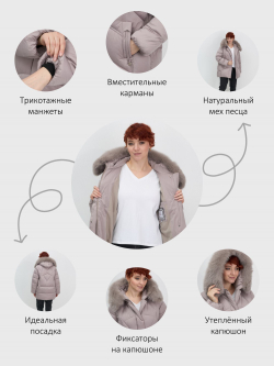 Куртка зимняя женская с мехом и капюшоном тренд светло-коричневого цвета 7656SK