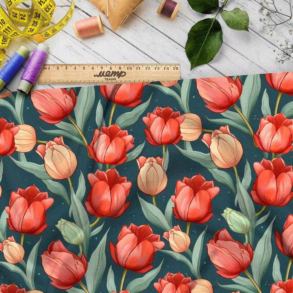 Ткань премиум атлас сумеречные тюльпаны