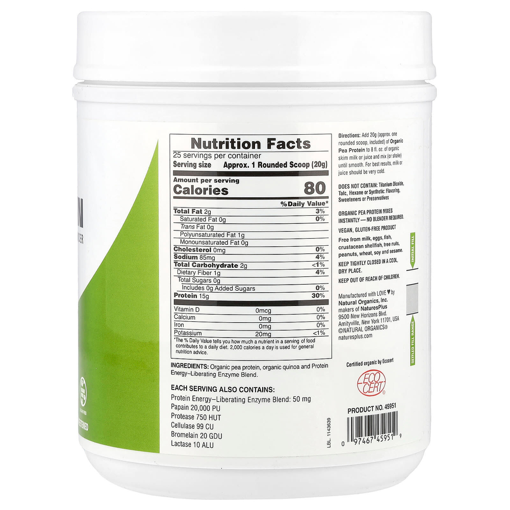 NaturesPlus, Порошок из органического горохового протеина, без добавок, 500 г (1,10 фунта)