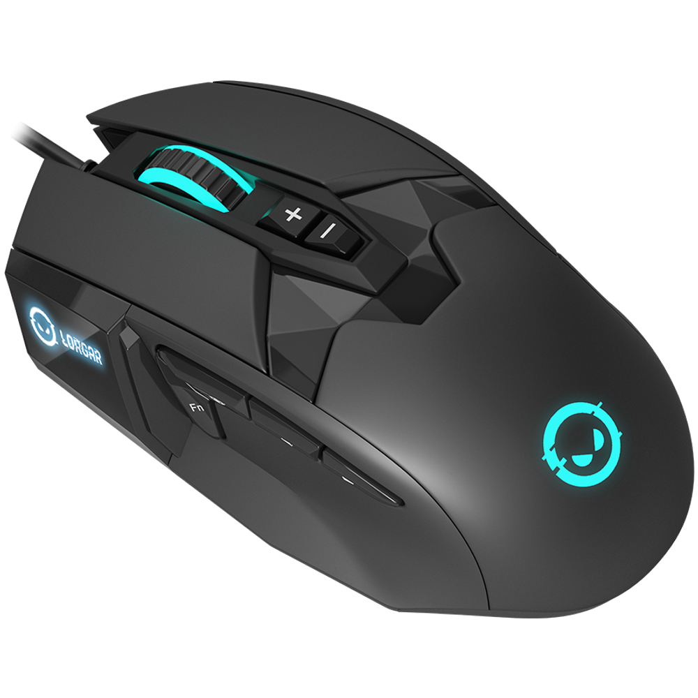 LORGAR Stricter 579, gaming mouse, 9 programmable buttons, Pixart PMW3336 sensor, DPI up to 12 000, 50 million clicks buttons lifespan, 2 switches, built-in display, 1.8m USB soft silicone cable, Matt UV coating with glossy parts and RGB lights with 4 LED flowing modes, size: 131*72*41mm, 0.127kg, black