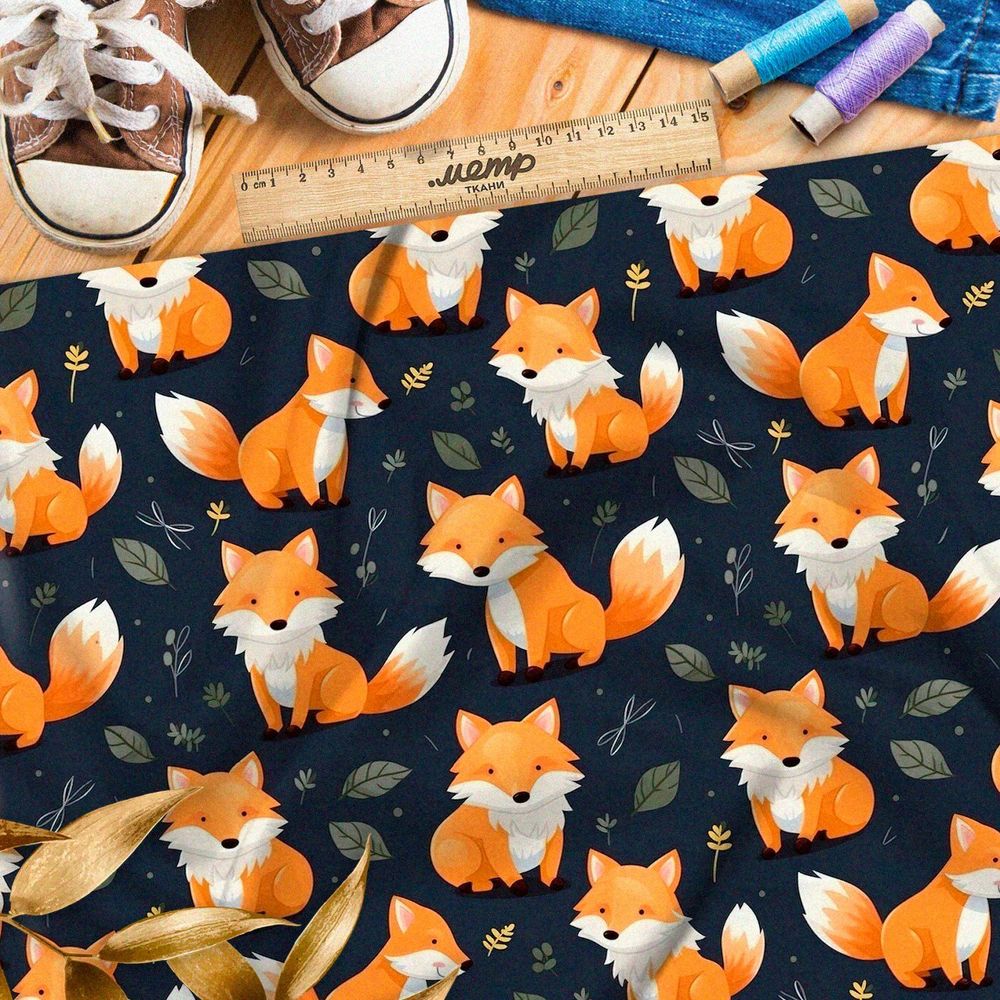 Ткань премиум бифлекс лисята на темном фоне