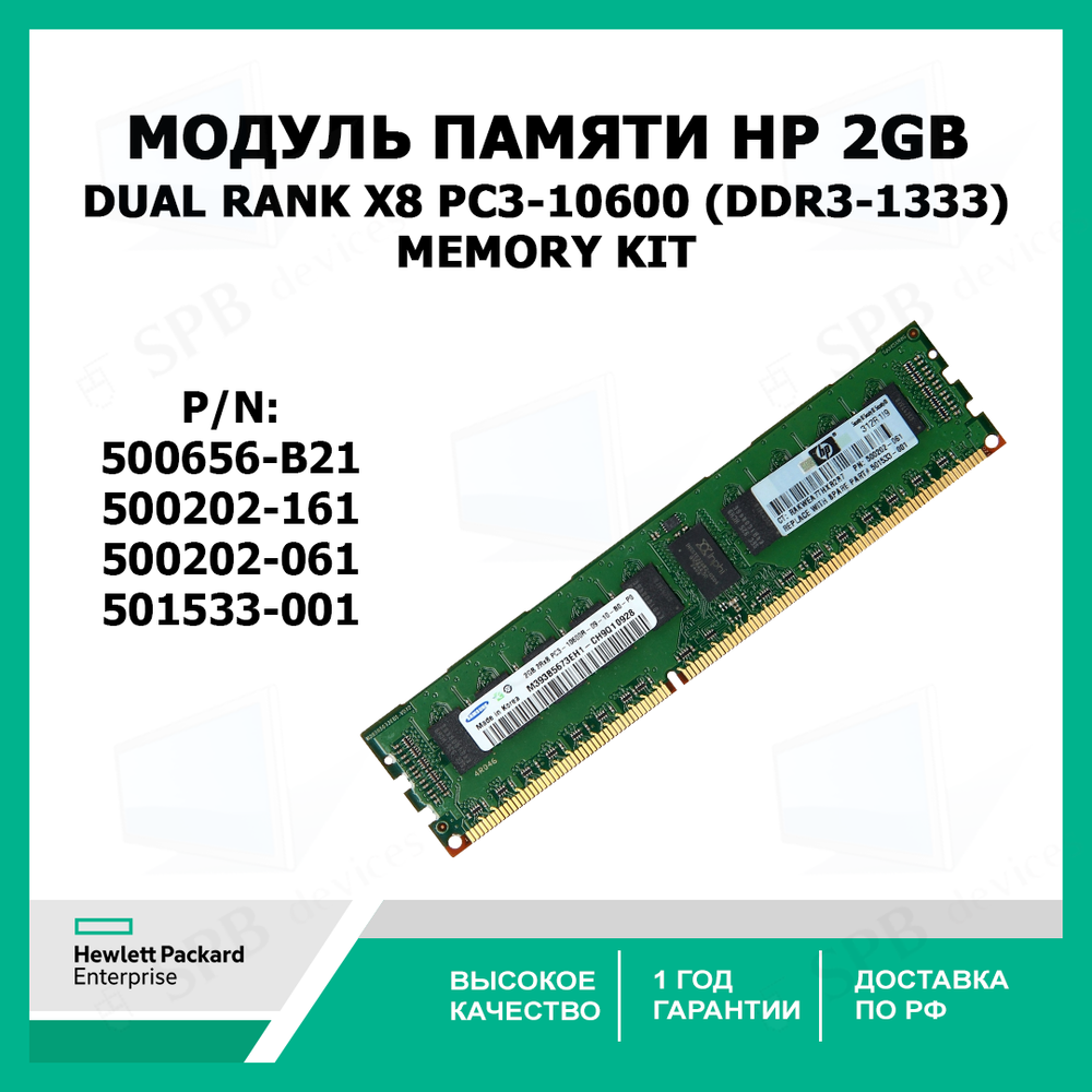 Модуль памяти HP 2GB Dual Rank x8 PC3-10600 (DDR3-1333) Memory Kit, 500656-B21, 500202-161, 500202-061, 501533-001