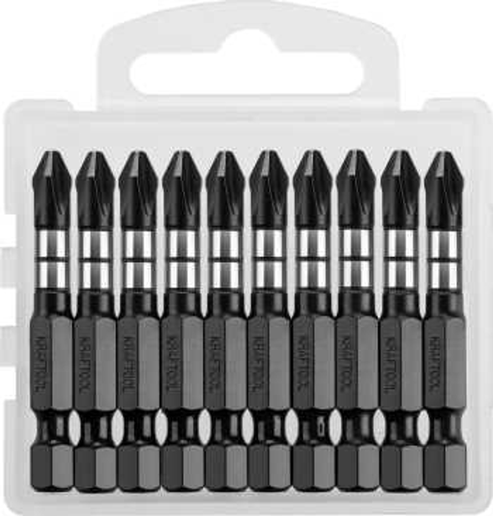 Биты , тип хвостовика E 1/4, PH2, 50мм, 10шт, в пластиковом боксе, KRAFTOOL Impact Pro, Philips, 26191-2-50-S10