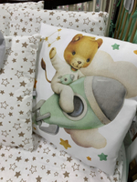 Комплект в кроватку 18 предметов "Мишка на ракете" серый, сатин