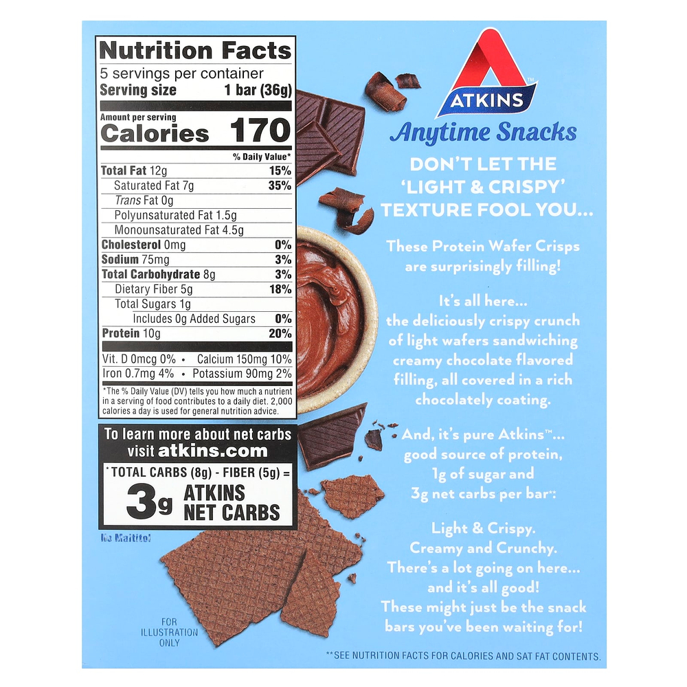 Atkins, Everytime Snacks, протеиновые вафли, шоколадный крем, 5 шт. по 36 г (1,27 унции)