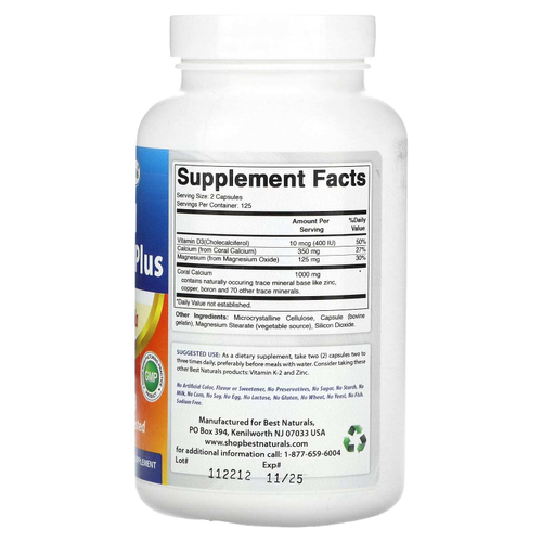 Best Naturals, коралловый кальций плюс, 250 капсул (500 мг в 1 капсуле)