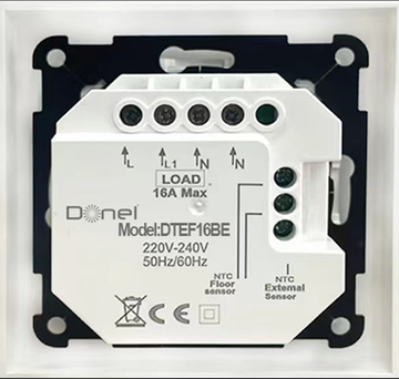Термостат с датчиком пола,  16 A,  55*55 мм.,  черное стекло