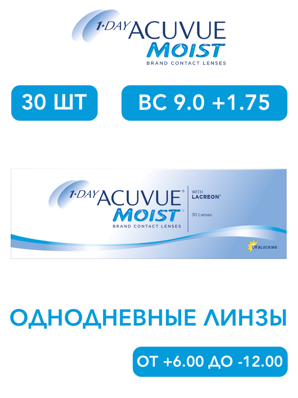 Однодневные контактные линзы 1-Day Acuvue Moist (уп. 30 линз)