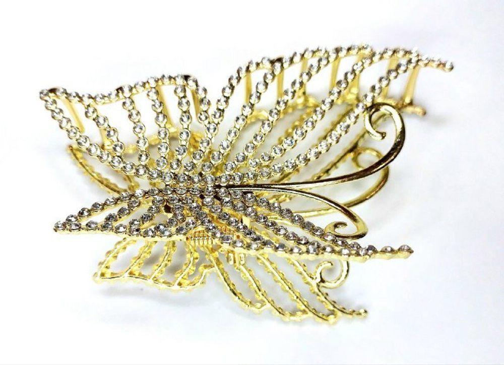 Заколка-краб большая "бабочка" инкрустированная  россыпью страз. 11,5см. Цвет золото