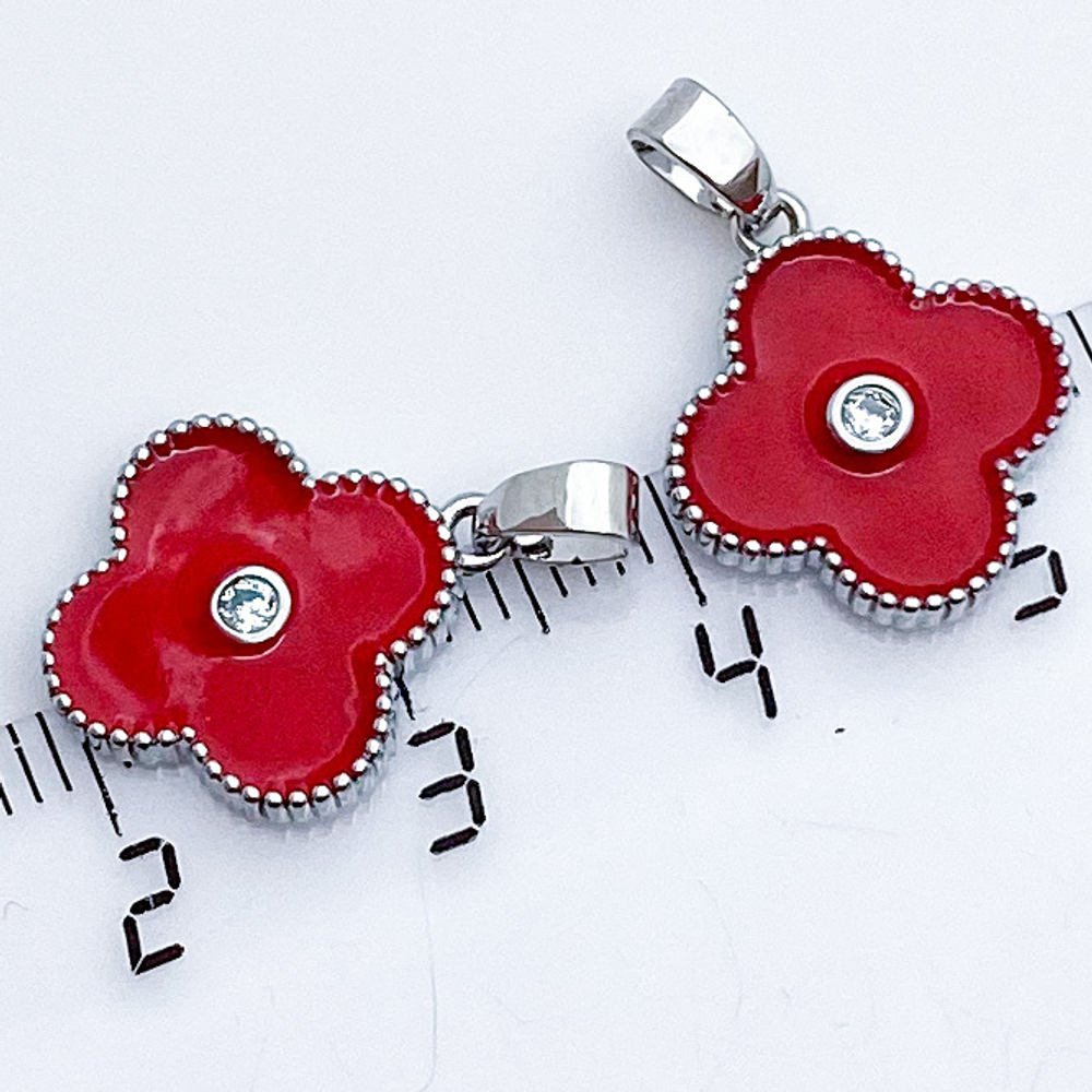 Подвеска Клевер, цвет серебро+красный, размер 16*14 мм, цена за 1 шт