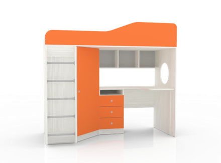 Кровать-чердак КарИВи Кадет 1 с металлической лестницей Белое Дерево Оранжевый