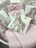 Комплект в кроватку 18 предметов "Единорог" розовый, сатин