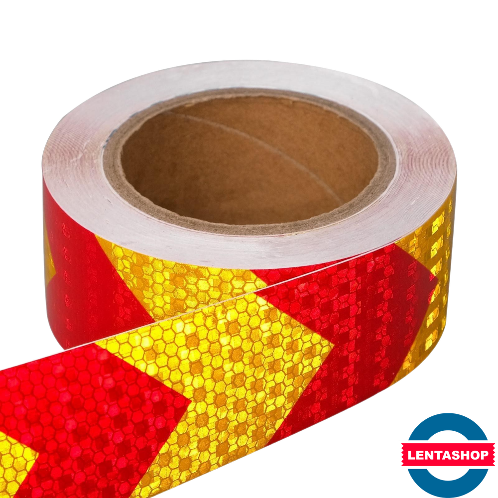 Красно-жёлтая светоотражающая лента стрелка 5 см х 15 метров