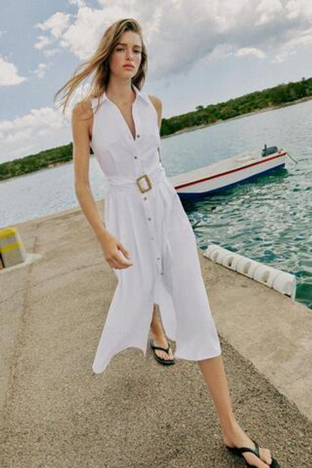 ZARA ПЛАТЬЕ МИДИ ИЗ ПОПЛИНА С ПОЯСОМ, БЕЛЫЙ