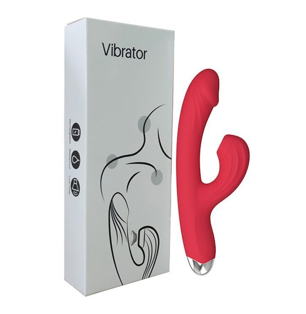 Красный силиконовый вибратор-кролик с вакуумным клиторальным отростком