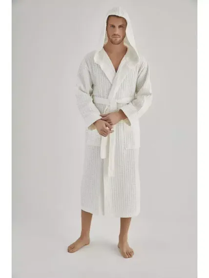 Вафельный мужской халат  1325 кремовый NUSA Турция
