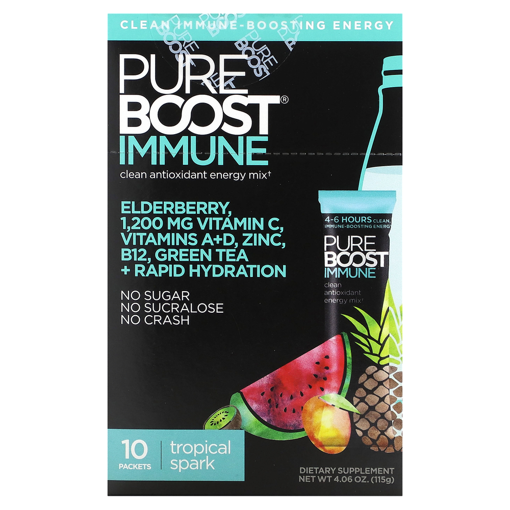 Pureboost, Immune, чистая энергетическая смесь с антиоксидантами, Tropical Spark, 10 пакетиков по 11,5 г (0,41 унции)
