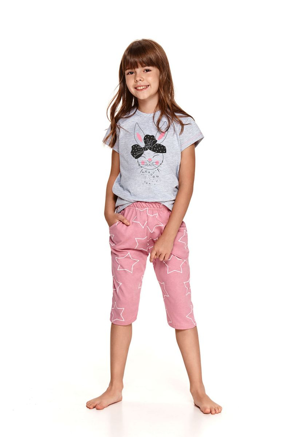 Хлопковая пижама для девочек Beki с зайкой (Размер: 134) (Цвет: серый с розовым)