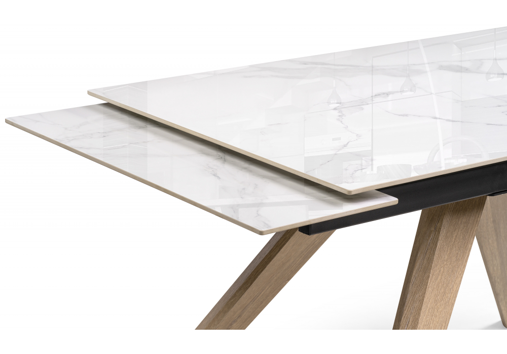 Керамический стол Woodville Морсби 140(200)х80х80 statuario cara, дуб монтана