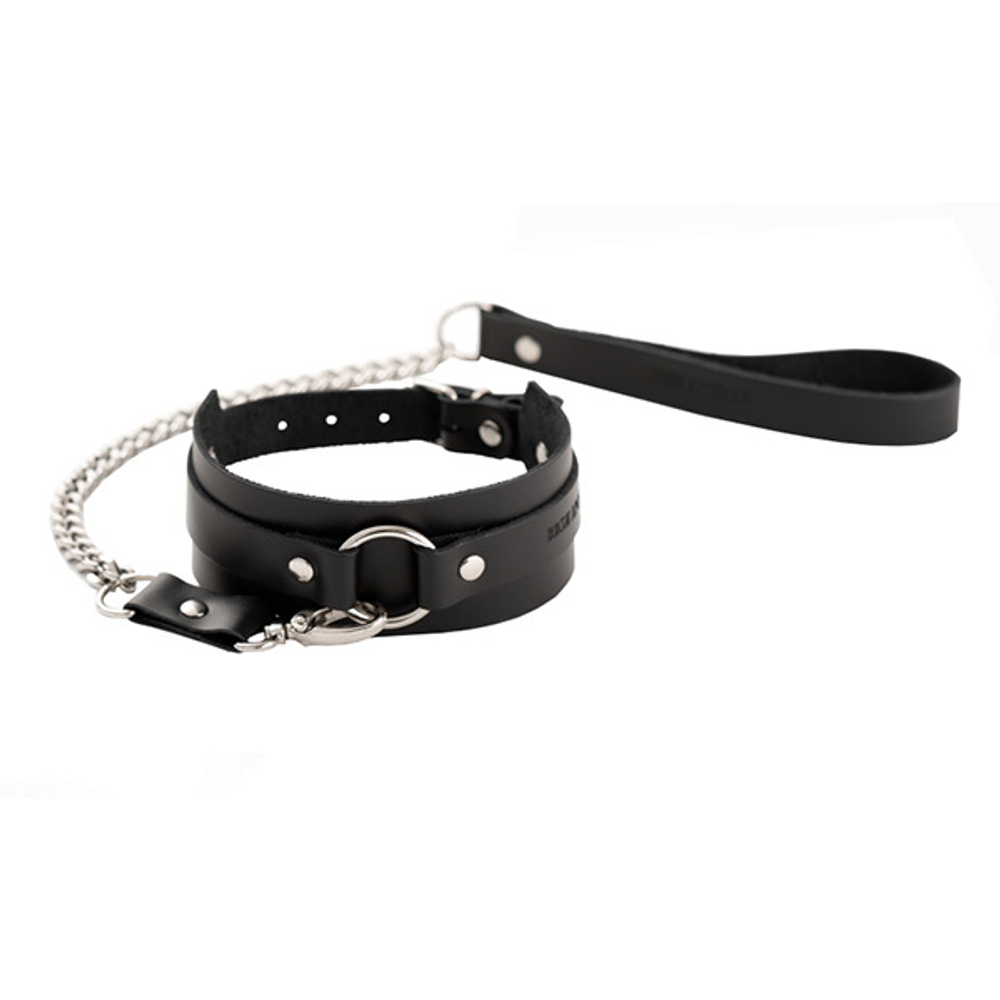Черный кожаный ошейник с поводком БДСМ Арсенал Lady's Arsenal Black 68003