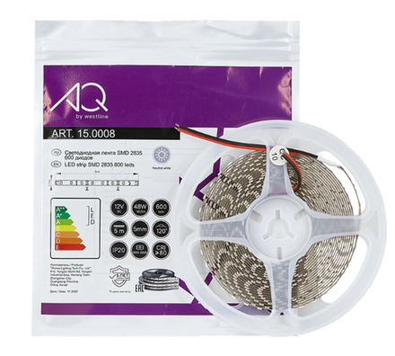 Лента светодиодная 2835, 120 LED/м, 12V, 9,6W/м, 5 мм, IP20, нейтральный белый, AQ/Айкью