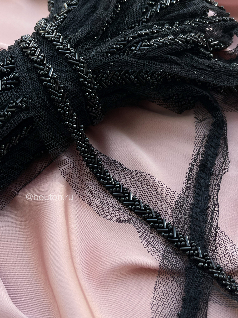 Тесьма черная бисер на сетке 0,75 см