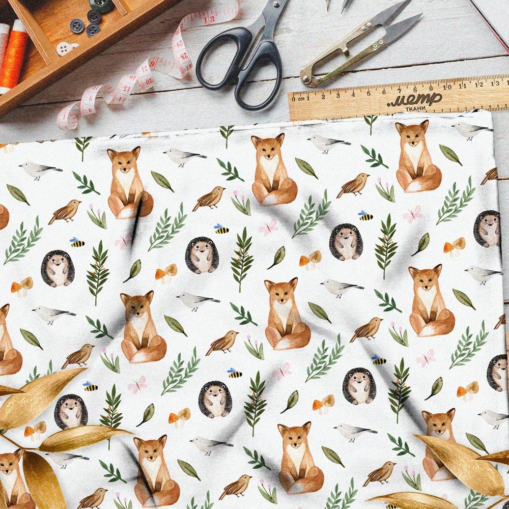 Ткань габардин лисята и ежата