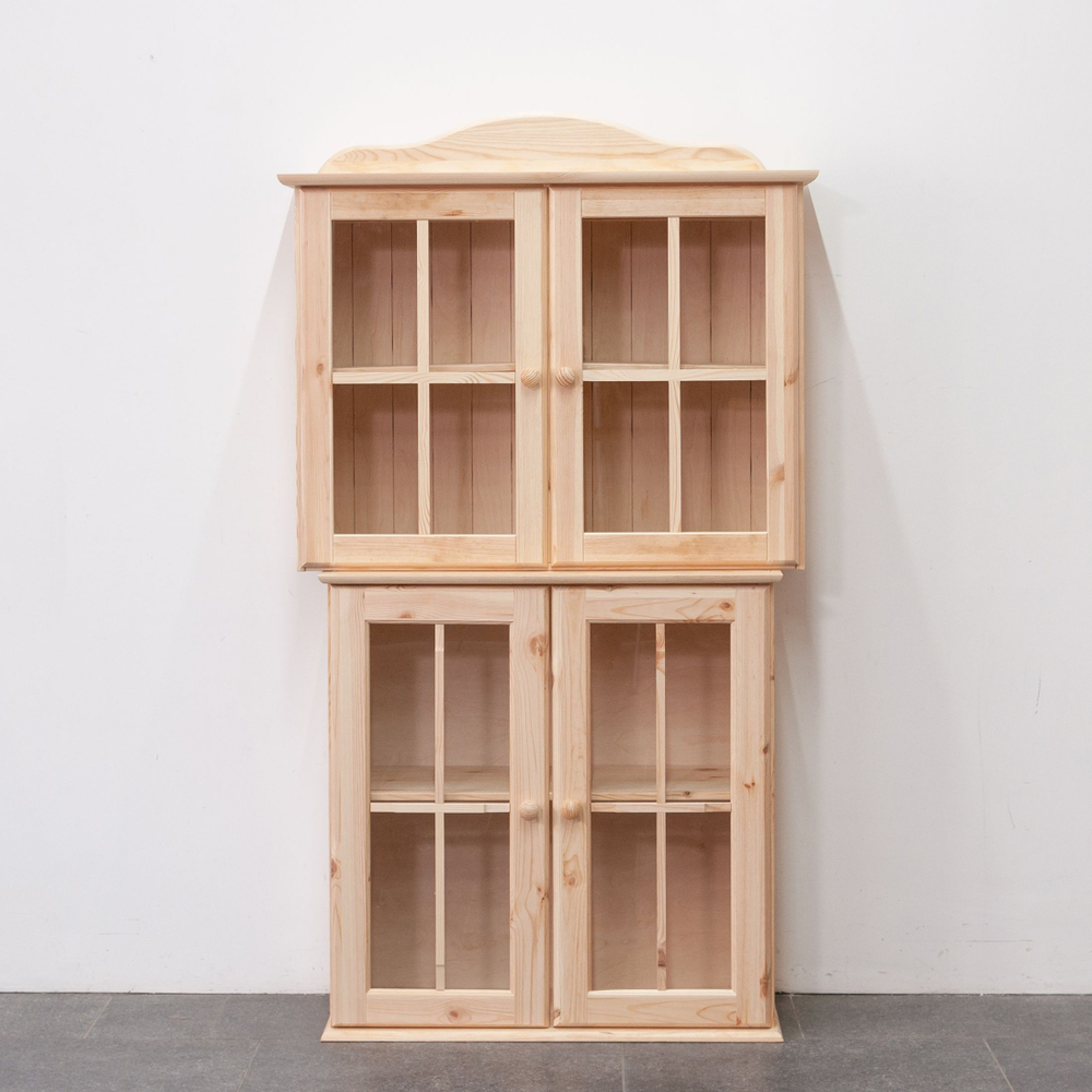 Шкаф навесной кухонный Лена 2 двери 2 полки с карнизом из массива сосны, в натуральной отделке