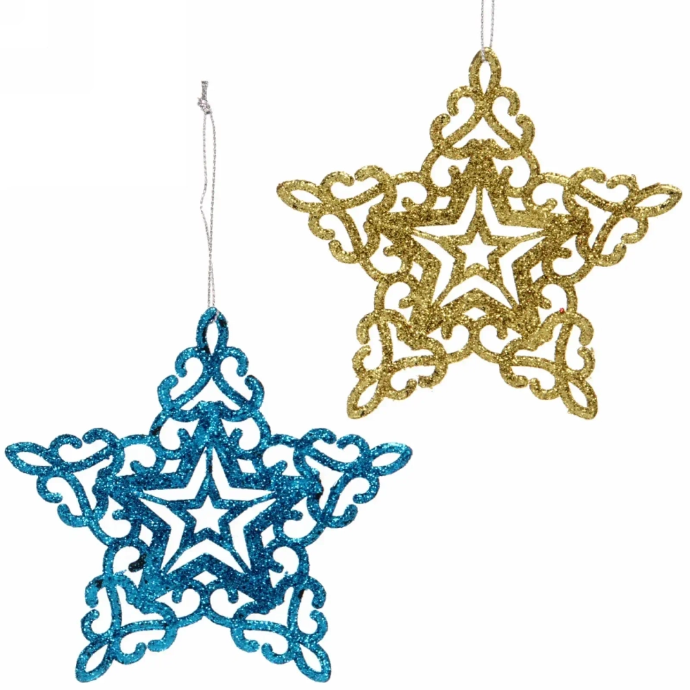 Подвески в блестках «Звездочки кружевные» 10 см (набор 2шт), синий/золото