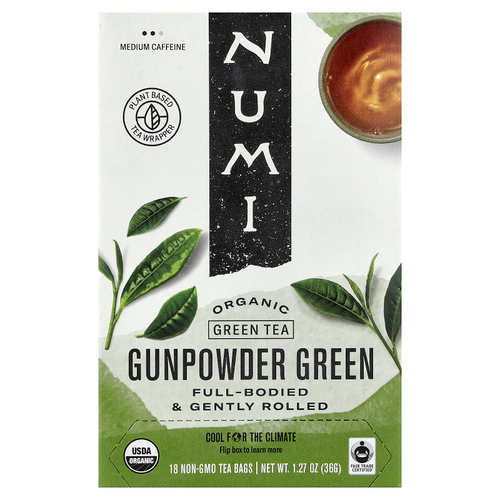 Numi Tea, органический зеленый чай, зеленый ганпаудер, 18 чайных пакетиков без ГМО, 36 г (1,27 унции)