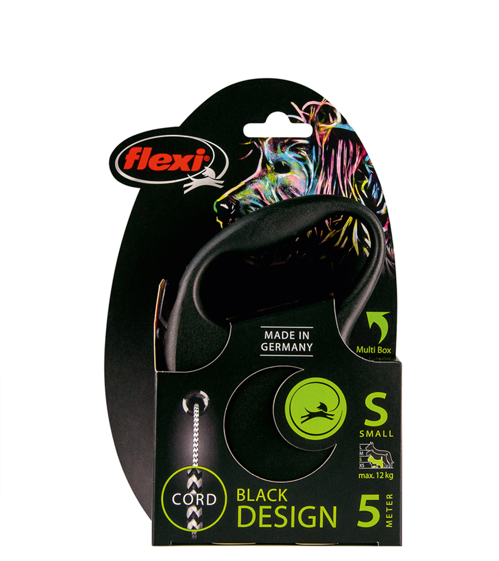 Поводок-рулетка Флекси Black Design S (до 12 кг) 5 м трос черный/серебро