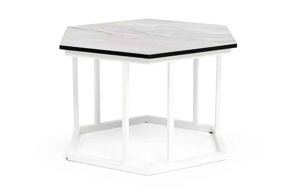 "Женева" интерьерный стол из HPL шестиугольный, D50, H35, цвет "мрамор пепел", каркас из стали белый муар