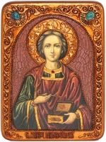 Инкрустированная икона Святой Великомученик и Целитель Пантелеймон 29х21см на натуральном дереве в подарочной коробке