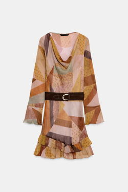 ZARA МИНИ-ПЛАТЬЕ С ПРИНТОМ ПЭЧВОРК И РЕМНЕМ, РАЗНОЦВЕТНЫЙ