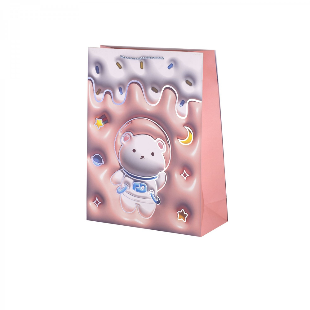 Пакет подарочный бумажный Alingar, (М) 18х23х10 см, вертикальный, "Милые мишки", мат. ламинация, тиснение голография, эфффект 3D, ассорти