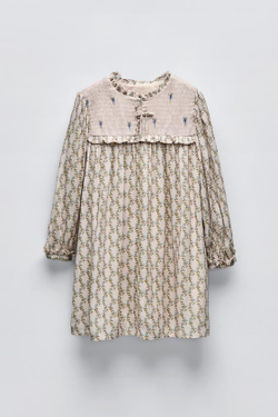 ZARA ПЛАТЬЕ С ЦВЕТОЧНЫМ ПРИНТОМ И КОКЕТКОЙ, СВЕТЛО-БЕЖЕВЫЙ