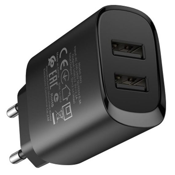 USB BOROFONE BN2 super fast, 2.1A, черный, два порта
