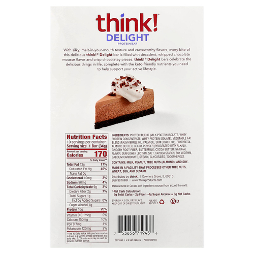 Think !, Delight протеиновый батончик, шоколадный муссовый торт, 10 батончиков по 34 г (1,2 унции)