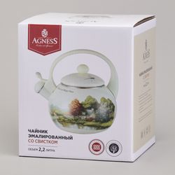 ЧАЙНИК AGNESS ЭМАЛИРОВАННЫЙ СО СВИСТКОМ СЕРИЯ "LAVENDER CATS", 2,2 Л