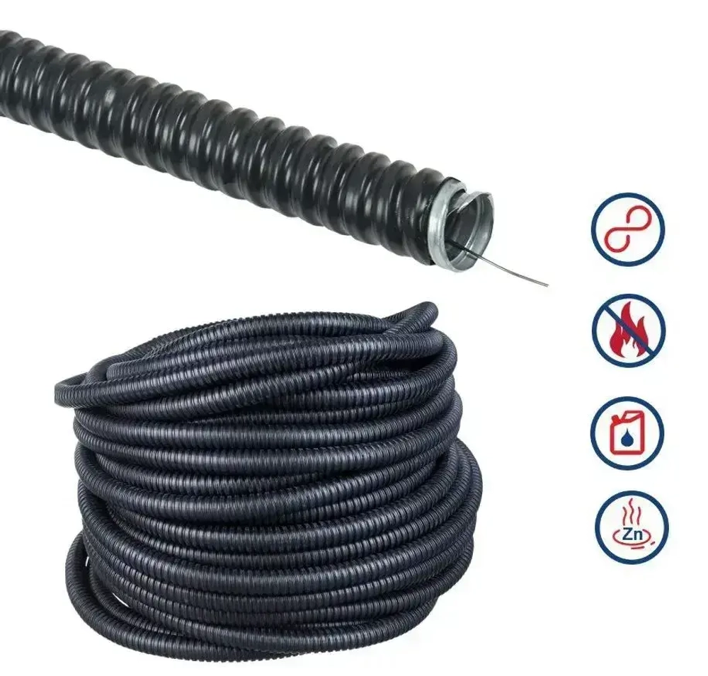 Металлорукав 15мм в ПВХ (20м) с проволокой для протяжки - защита кабеля в стенах, полу, на улице. Оцинкованная сталь.