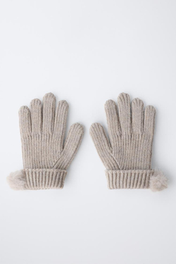 ZARA ТРИКОТАЖНЫЕ ПЕРЧАТКИ С ПОМПОНОМ, ПЕСОЧНЫЙ