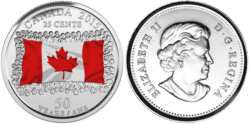 Канада 25 центов, 2015 Канадский флаг - цветной