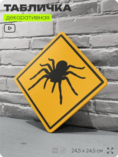 Табличка прикольная "Осторожно, пауки №1" на дверь и стену, информационная и предупреждающая, декоративный знак, 24,5х24,5 см, пластиковая, Айдентика Технолоджи