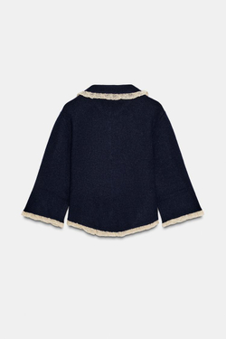 ZARA КАРДИГАН С КРУГЛЫМ ВОРОТНИКОМ И КРУЖЕВОМ, МОРСКОЙ СИНИЙ