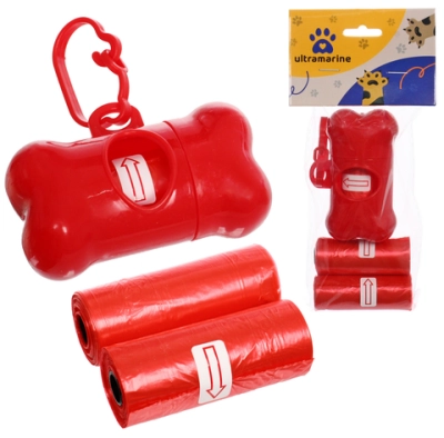 Контейнер с 3 упаковками пакетов для уборки за собакой с карабином, цвет красный (3*15шт)