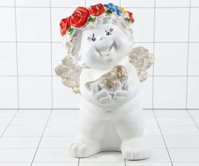 Статуэтка из гипса 35см «Ангел с птичкой» позолота