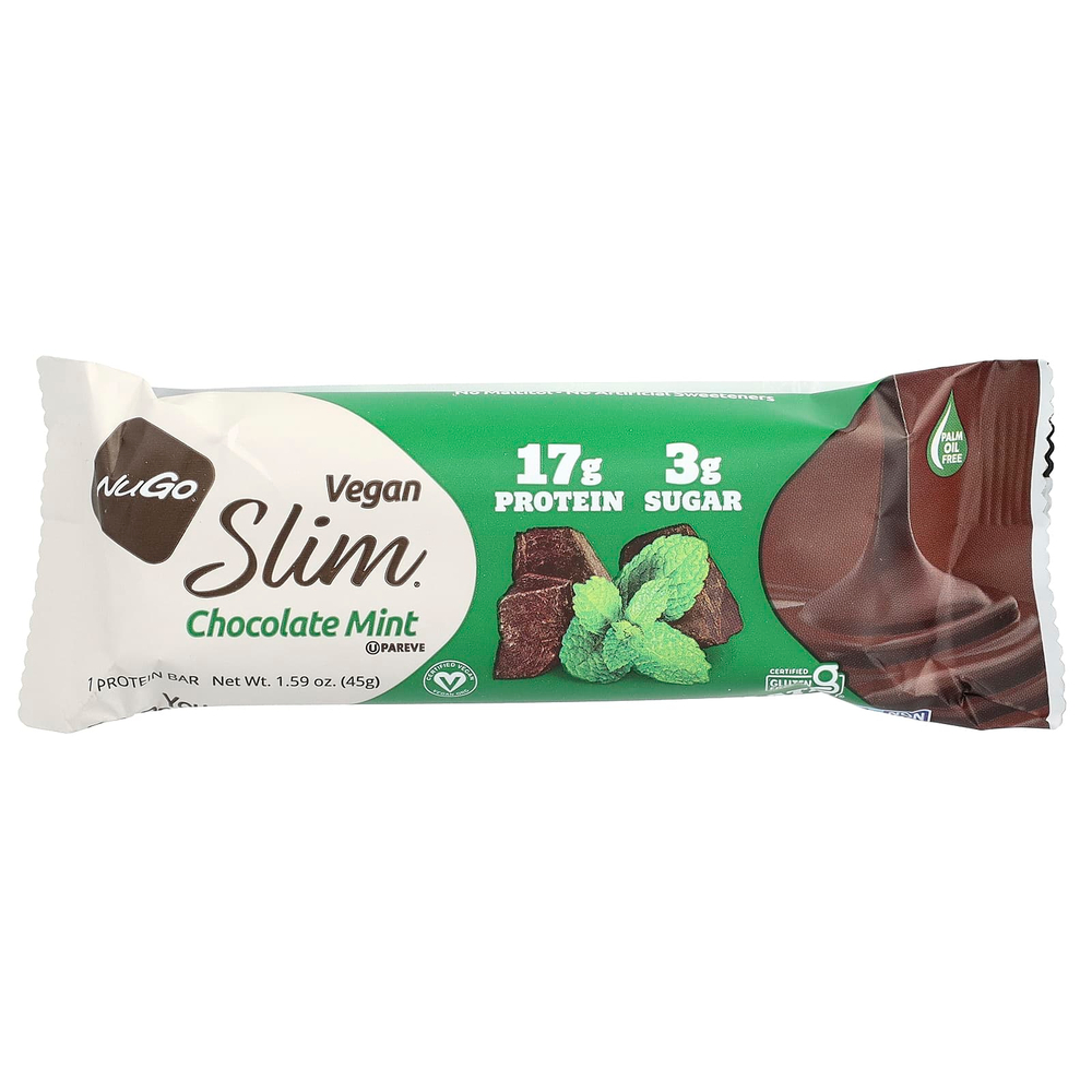 NuGo Nutrition, Slim®, веганские протеиновые батончики, шоколад и мята, 12 батончиков по 45 г (1,59 унции)