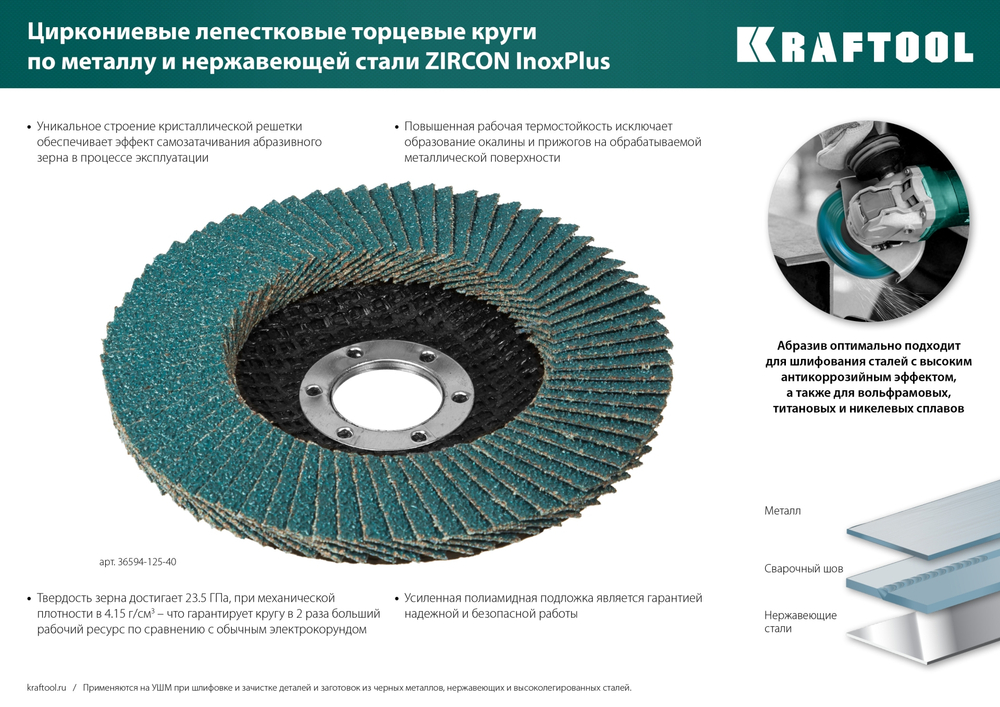 KRAFTOOL ZIRCON 125 х 22.2 мм, P40, круг лепестковый циркониевый торцевой по металлу и нержавеющей стали (36594-125-40)