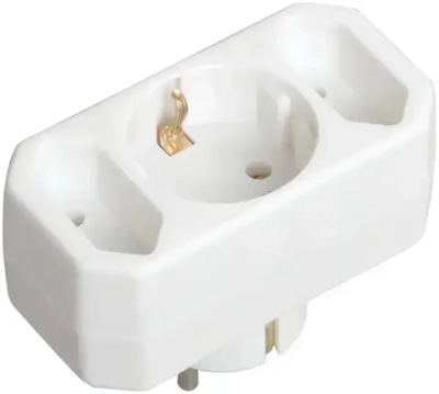 Тройник электрический для розетки 2 плоских б/з и одна круглая с с/з розетка