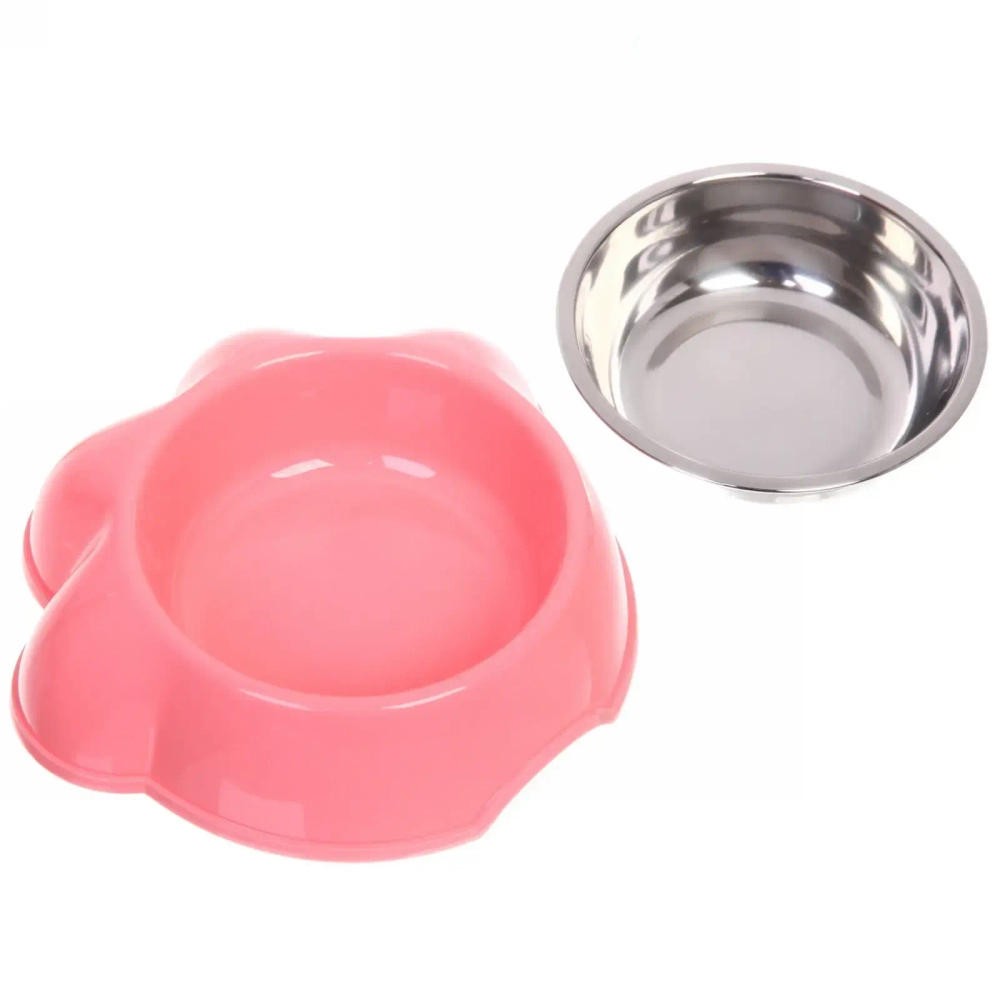 Миска пластиковая с металлической чашкой «Лапка» 16*4,6см цвет розовый